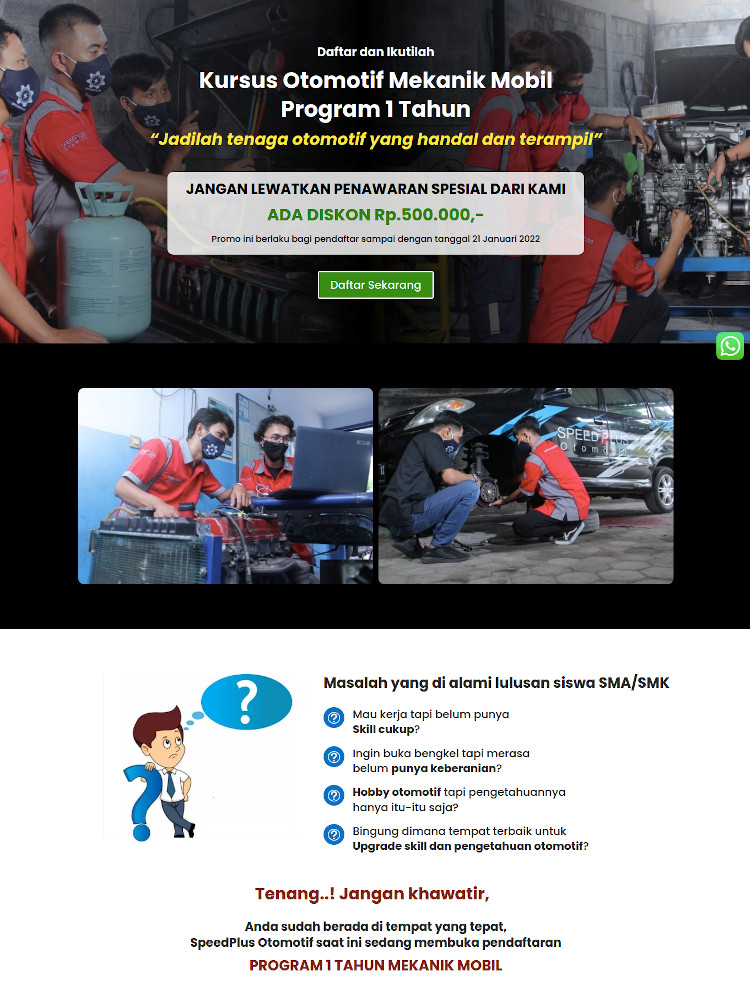 Landing page tempat kursus otomotif