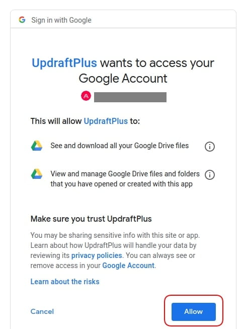 Klik Allow Google Drive