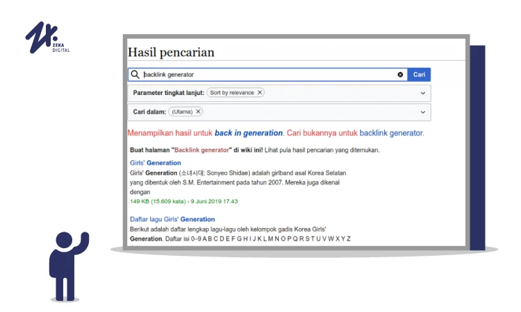 Mencari artikel tentang backlink generator, Sumber: zekadigital.com